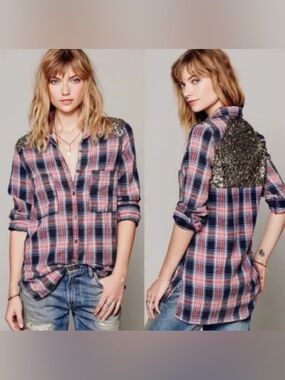 NWT Free People Plaid Button Up Gold Sequin Shirt Blouse S